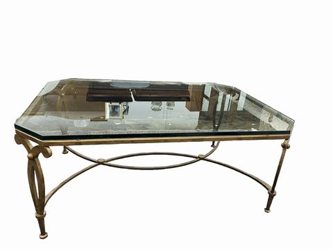 Brass smoked glass top coffee table, 46x32x19.25