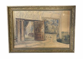 PAIR of antique watercolors of chateaux interiors, 16.5x26"