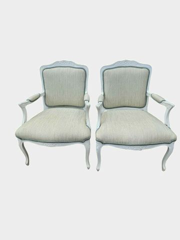 Pair of white bergere chairs w/jade velvet trim, 26.5x29x36