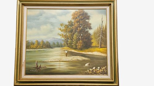 Man Fly Fishing  Orig Oil Painting 26"x30"W