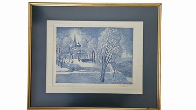 Signed Print-Blue Intaglio " Russian Landscape" 20"x24"