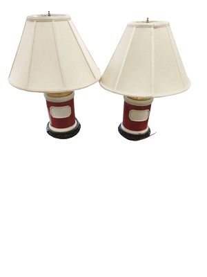 PAIR-Red Lamps w/Label+Base (White/Gold Accent, 21"h)