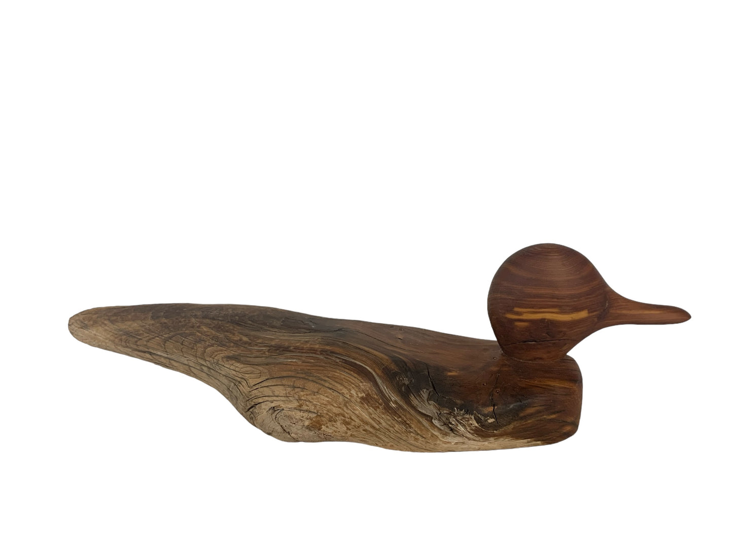 Signed carved driftwood duck, 13"