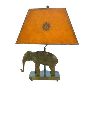 Maitland Smith bronze elephant lamp w/ tooled leather shade, 23" h