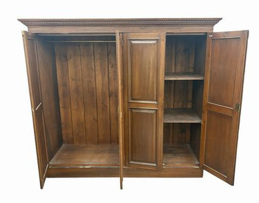 Large dark pine neoclassical cabinet w/ clothing wardrobe & 3 deep shelves, 66"