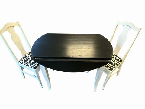 Black/white dropleaf table w/ 2 upholstered chairs, 41.5x26-42x30, 18.5x19x38.5