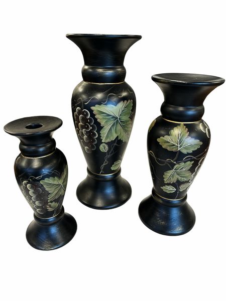 SET-3 Candleholders (Black w/Grapes+Leaves), 9-14"h