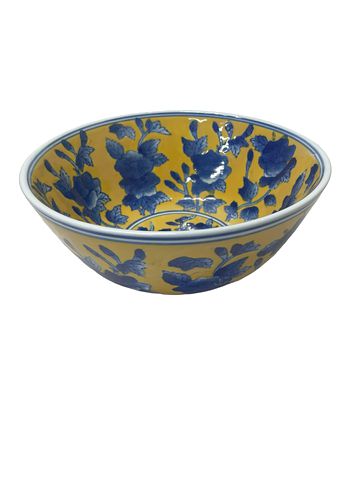 Decorative ceramic chinese bowl, yellow w/blue floral, 9.75Dx4.5H