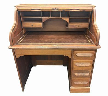 Antique Edwardian walnut roll-top desk w/ leather writing surface & 5 drawers, 4