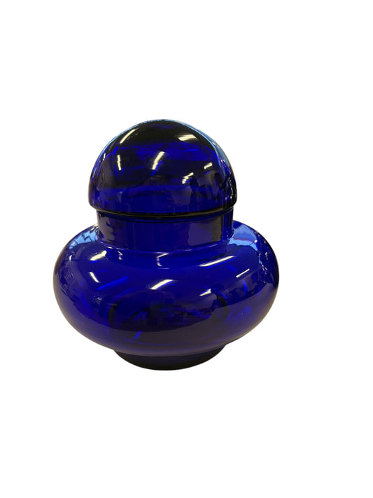 Cobalt blue modern glass bowl w/ lid, 5" diam., 5" h (as is)