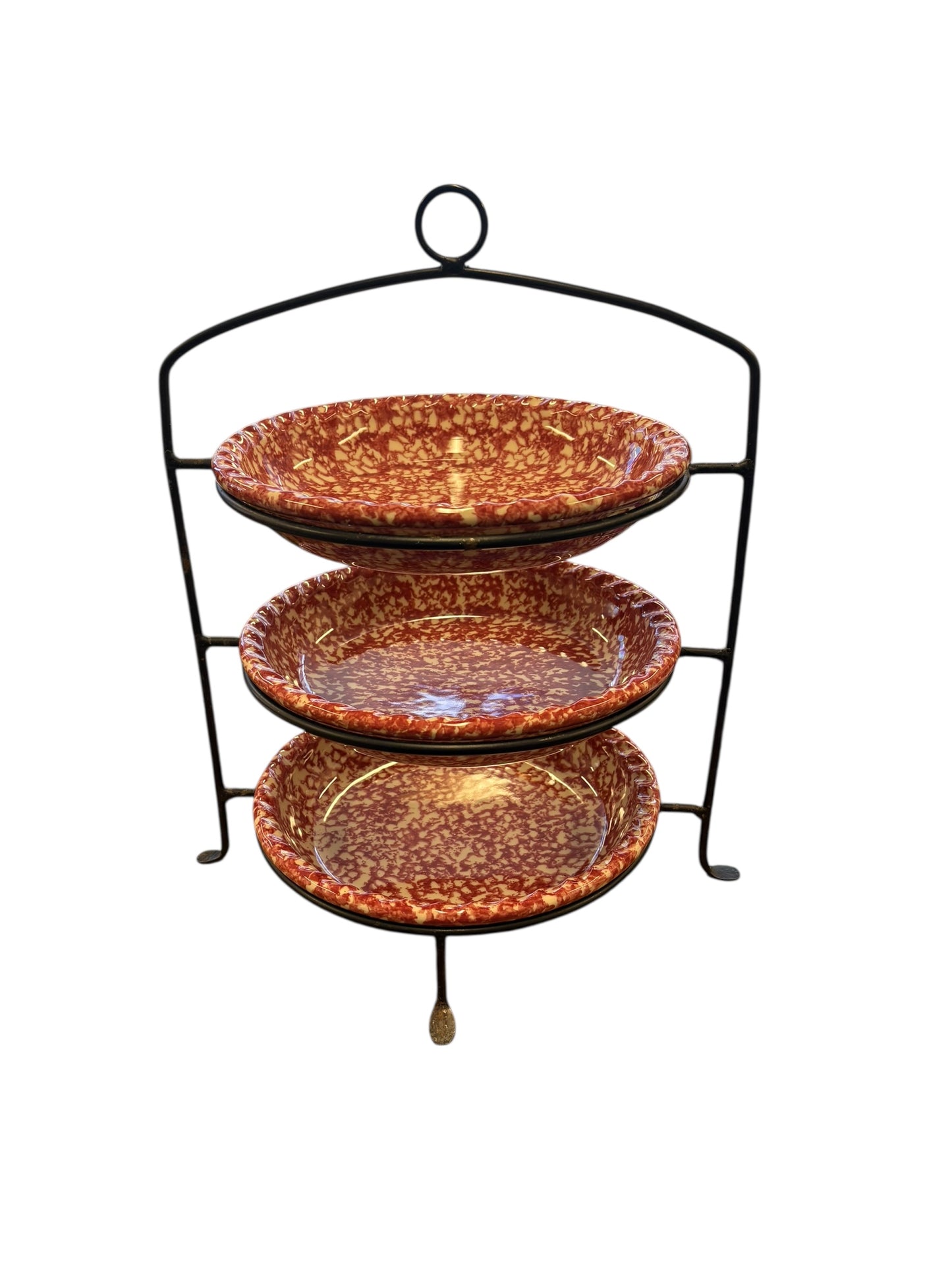 3-tier wrought-iron dessert tray (16" h) w/ 3 Roseville spongeware plates, 10" d