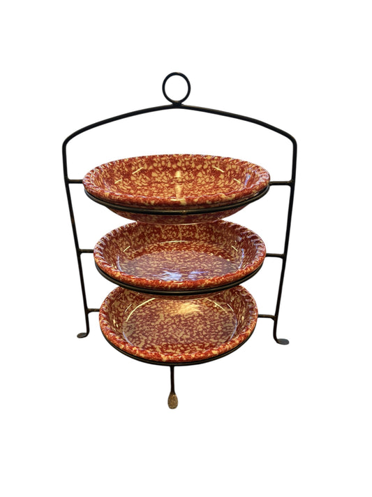 3-tier wrought-iron dessert tray (16" h) w/ 3 Roseville spongeware plates, 10" d