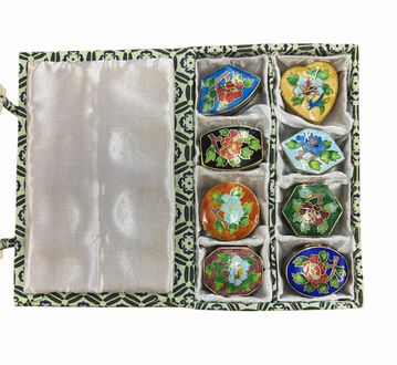 Box of 8 cloisonne pill boxes, 3.75x6x1.25"