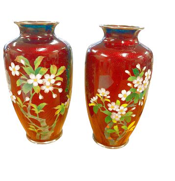 PAIR of Japanese Nekka Ginbari pigeon blood vases, 7.5"