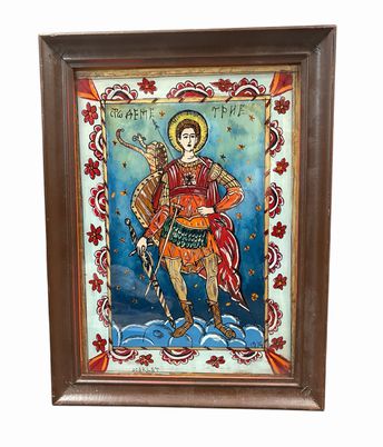 Antique framed reverse glass painted icon of saint, 16.25x12.25"