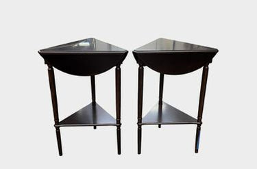 Pair of Bombay Co. round to triangle dropleaf end tables, 25.5H. 20D.