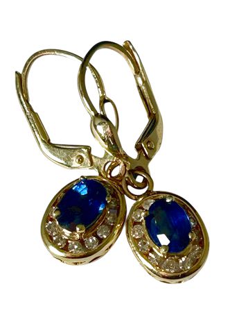 Pair 14k Yellow Gold Sapphire & Diamond Dangle Earrings, 3g