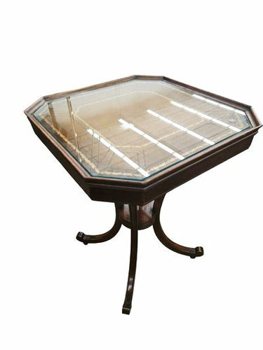 Pair, Vntg  Duncan Phyfe Style End Tables Leather w Glass Tops 29.5h x 22W