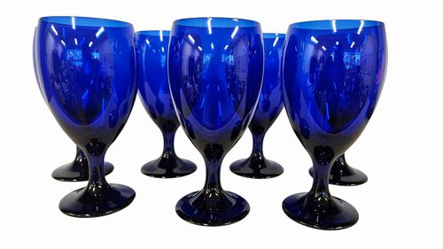 6+1Cobalt Glass Tulip Style Water Glasses, 7"H