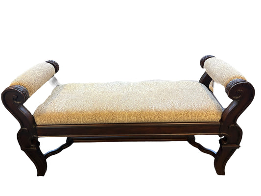 Vintage Regency-style bench w/ beige upholstery & nailhead trim, 52.5x21x26"