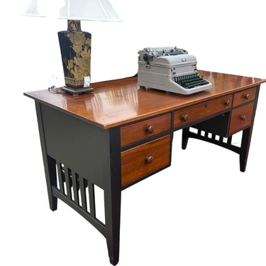 Ethan Allen black desk w/ cherry top and 5 drawers, 30" h, 59" w, 28" d