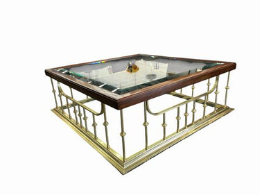 VTG Erwin Lambeth square coffee table w/brass base & inset glass top,15H 42W 42D