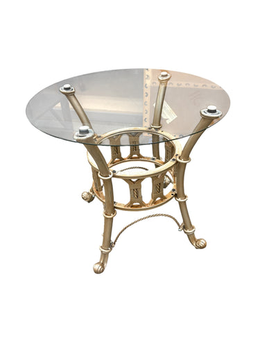 Eclectic glass-top silver/gold metal side table, 22.25" h, 23.25" diam.