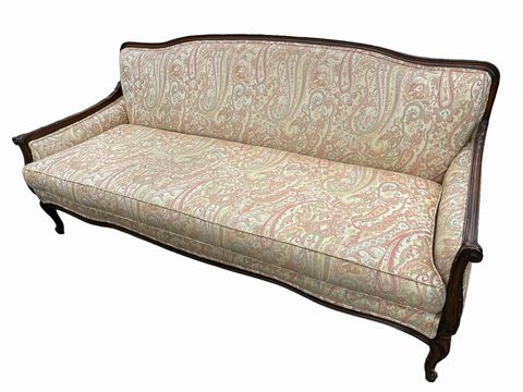 French-style peach paisley tapestry sofa, 72x30x33.5H