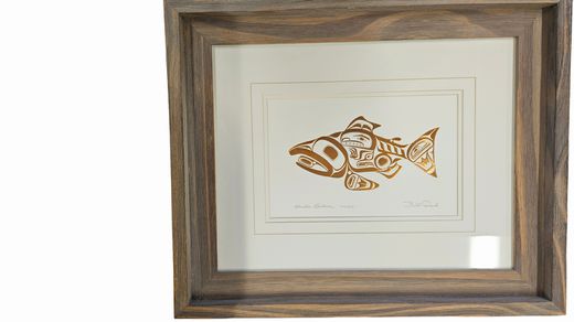 Signed Gold Abstract Print Orig, Alaska Inuit Salmon   14"x17"