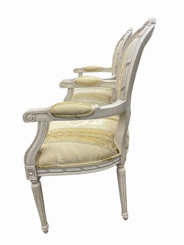 Pair of Louis XVI-style medallion armchairsw/striped damask upholstery