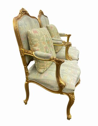 Pair of VTG Louis XV-style upholstered armchairs, 43H. 28W. 27D.