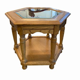 Hexagonal glass-top oak side table, 27" diam., 22" h