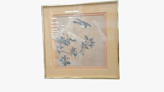 Vintage Silk Painting Bird w Rose Tree, Artist Stamped 16"Square