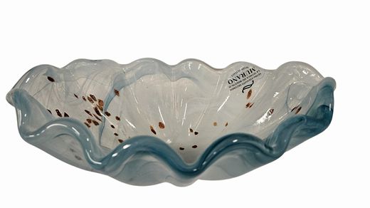 Aqua Oval Glass Ruffle Rim Vase with Gold Flecks10"Lx4"H