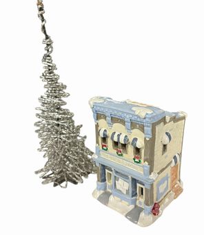 Ceramic real estate office holiday votive, 5.25" h, 3.75" w, 4" d, w/ silver tre