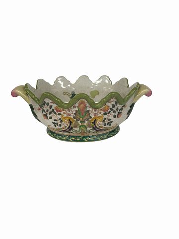 Asian oval cachepot, green/cream, 10.25x7x4