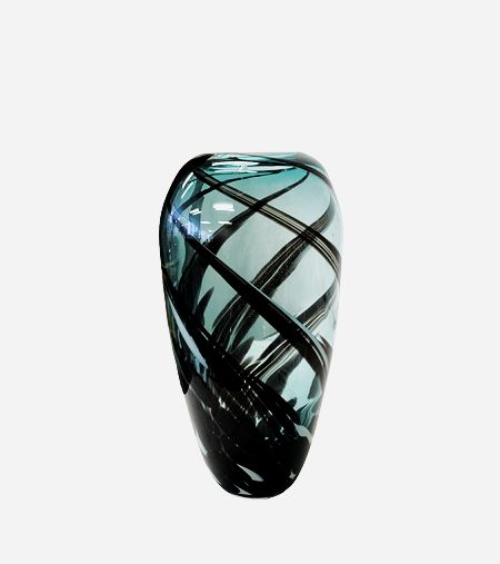 14.5" tall Glass Urn Turquoise w Blk/Wht SwirlsX7"Dia