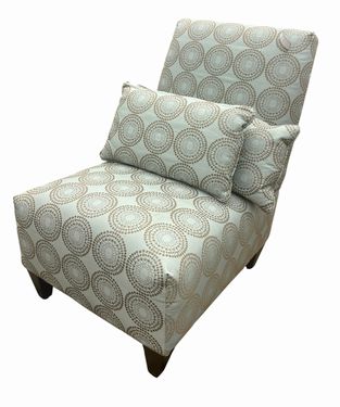 PAIR of upholstered pale green patterned armless chairs w/ matching pillows, 38"
