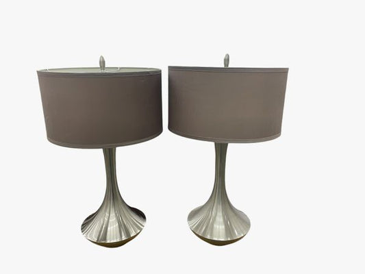 Pair Brushed Silver Lamps w/ Shade, AS--IS, 17x29"