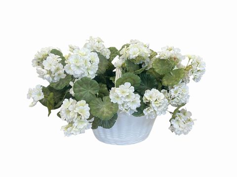 White ceramic basket w/ geraniums, 14.5x10.25x11.5H