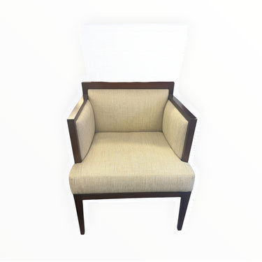 PAIR of MCM cube lounge chairs w/ dark wood frame & textured oatmeal upholstery,