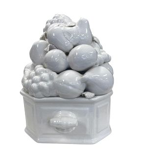 Blanc de Chine creamware ceramic fruit basket centerpiece (Portugal), 12" h 17.5