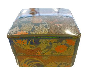 Japanese black lacquer 2-tier box, 5.25x5.25x3.5"