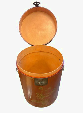 Large dark red Japanese tea storage canister "table" w/ painted gold bird & blos