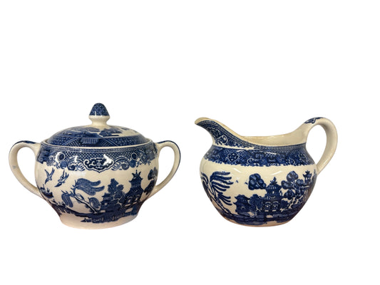 English Blue Willow creamer and sugar bowl, 5.5-6" w