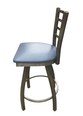 Pair of pewter finish steel bar stools w/blue vinyl seats, 39.5H. 17W. 20.5D