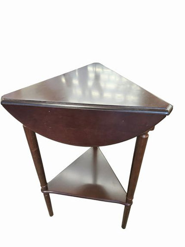 Pair Dark Wood Triangle Drop Leaf End Tables 26"h x 19"rd (open)