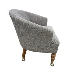 Set of 4 VTG barrel back/club chairs w/navy/tan tweed upholstery & metal casters