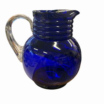 Vintage cobalt blue glass pitcher w/ clear handle, 7.75" h