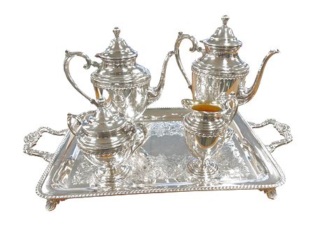 Antique Wm Rogers 4-pc silverplate teaset w/ tray, 23.5x17.25"